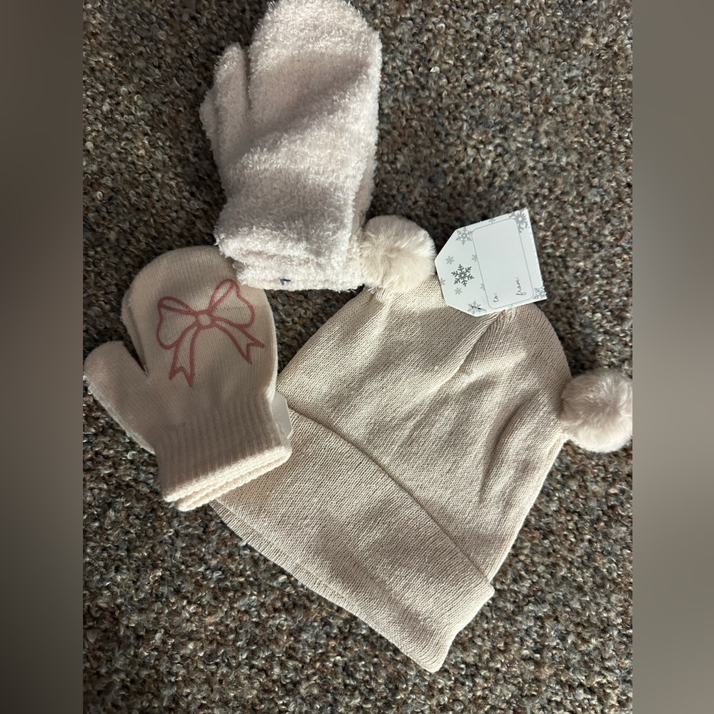 Kids Pom Pom Beanie & Mittens Set - Soft Pink